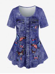 Plus Size 3D Butterfly American Flag Pockets Buttons Denim Print Short Sleeve T-Shirt -  