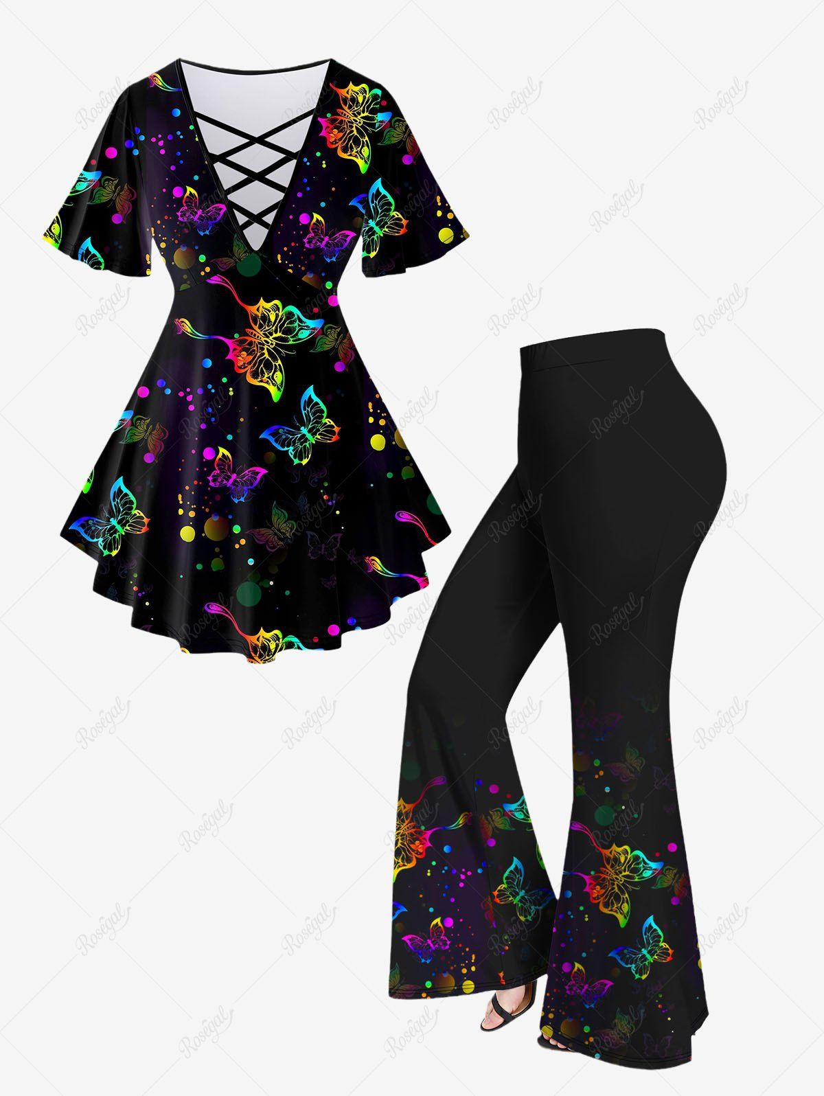 Fashion Butterfly Dot Printed Crisscross V Neck T-Shirt and Flare Pants Plus Size 70s 80s Outfit  