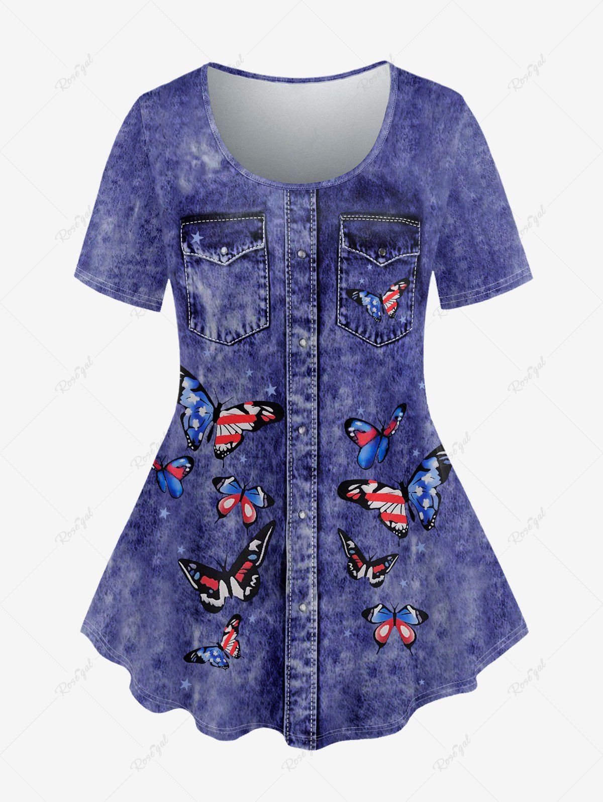 Chic Plus Size 3D Butterfly American Flag Pockets Buttons Denim Print Short Sleeve T-Shirt  