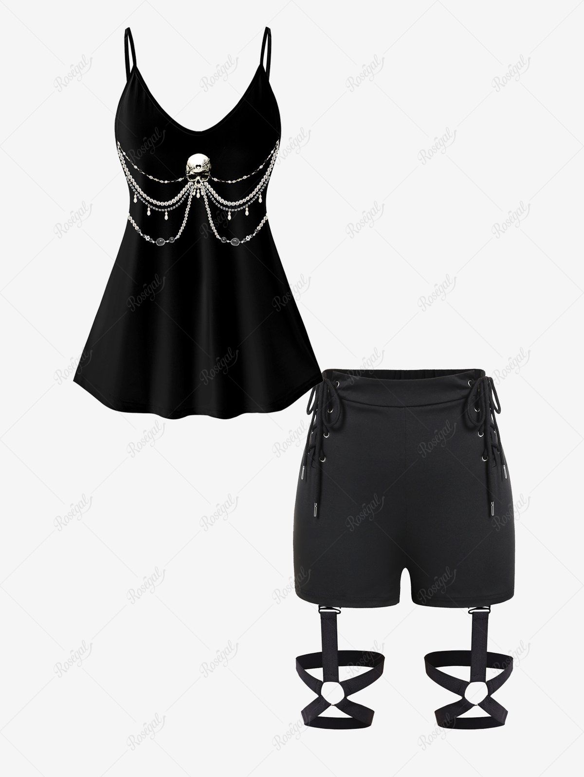 Buy Skull 3D Bead Rhinestone Print Cami Top And Lace-up Rings Garter Shorts Gothic Outfit  