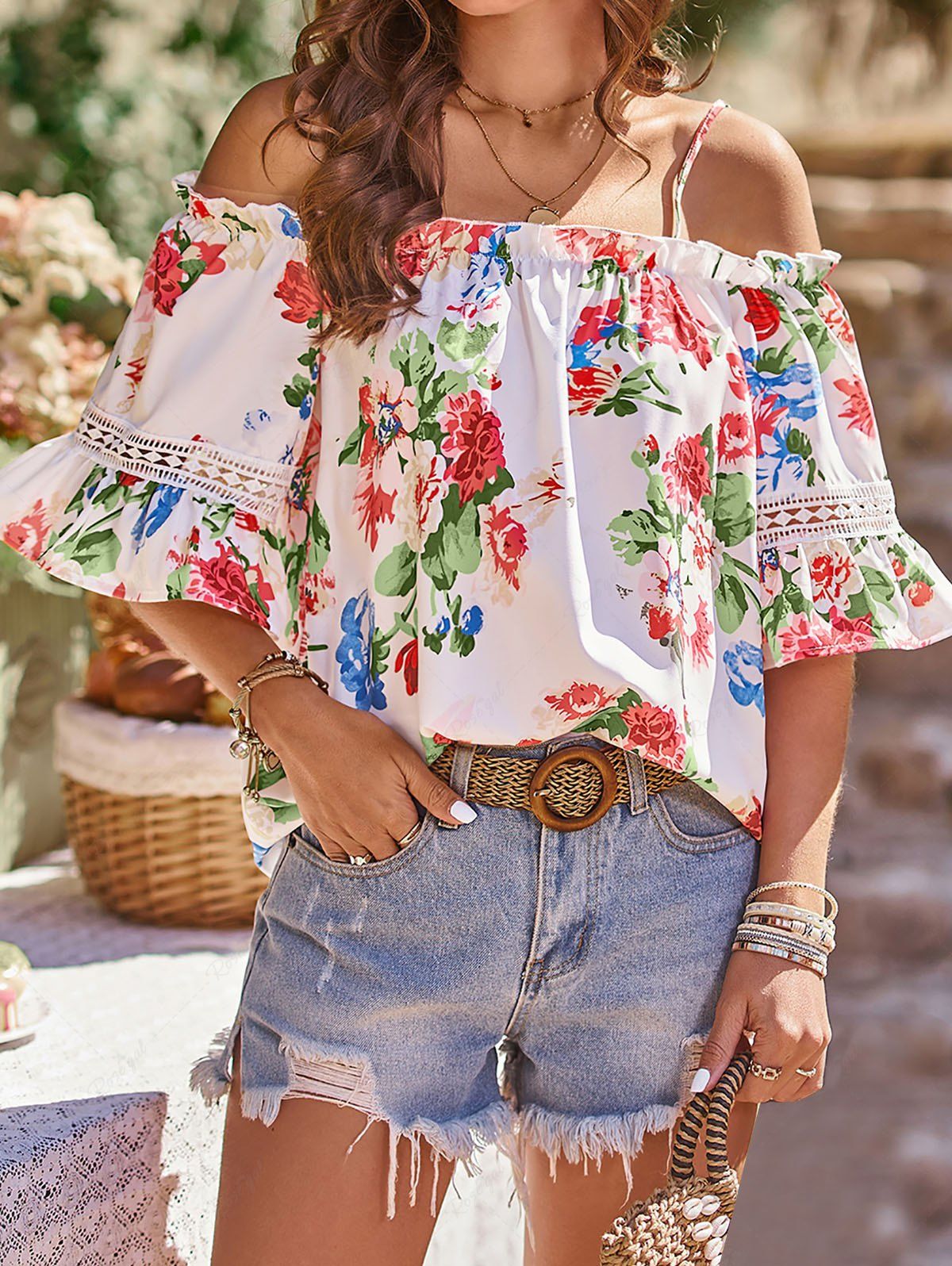 Discount Flower Print Cold Shoulder Lace Panel Flare Sleeve Blouse  