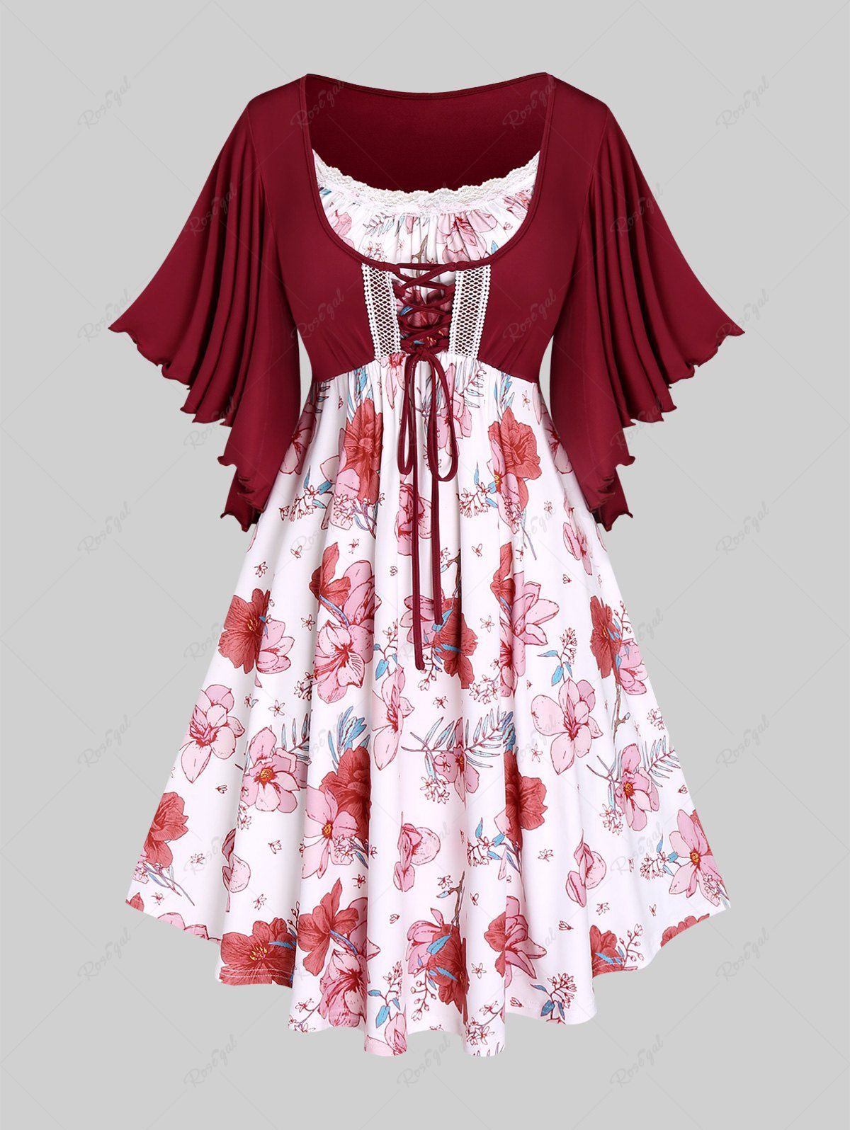 Affordable Plus Size Flower Print Lace Up Butterfly Sleeves Dress  