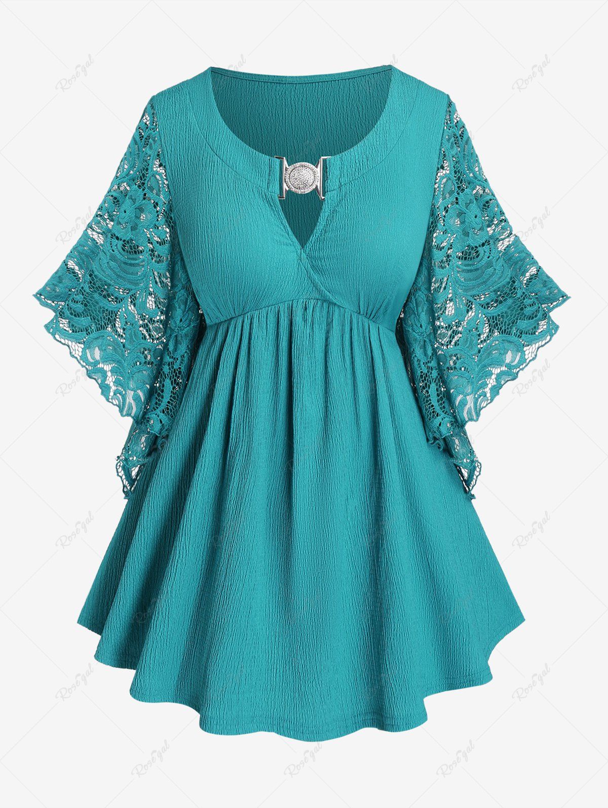 Outfits Plus Size Buckle Ruched Lace Butterfly Sleeve T-Shirt  