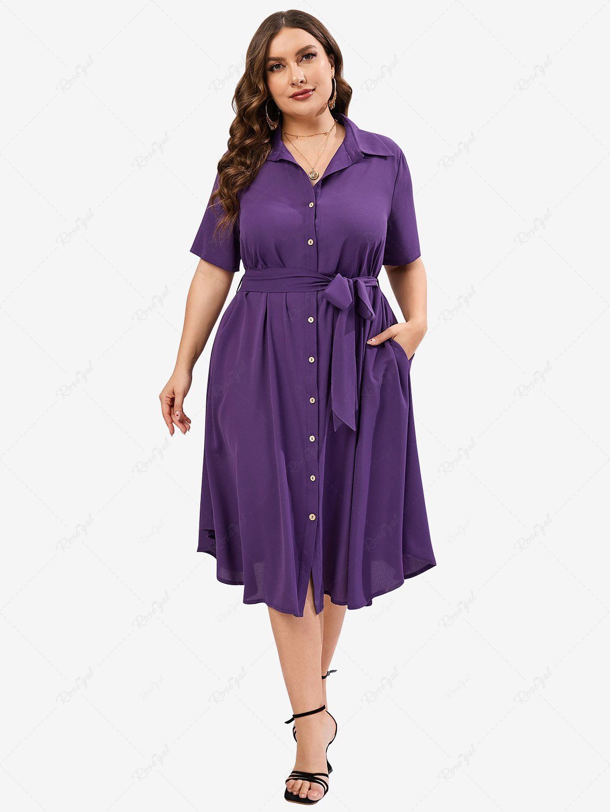 Outfits Plus Size Solid Midi Belt Shirt Dress with Pocket  
