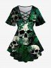 Skull Leaves Print Crisscross V Neck Short Sleeve T-Shirt And Skull Flower Leaves Print Flare Pants Gothic Outfit -  