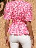 Allover Flower Print Surplice Plunge Elastic Waist Belted Blouse -  
