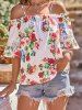 Flower Print Cold Shoulder Lace Panel Flare Sleeve Blouse -  