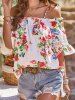 Flower Print Cold Shoulder Lace Panel Flare Sleeve Blouse -  