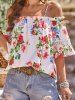 Flower Print Cold Shoulder Lace Panel Flare Sleeve Blouse -  
