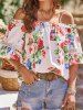 Flower Print Cold Shoulder Lace Panel Flare Sleeve Blouse -  