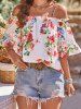 Flower Print Cold Shoulder Lace Panel Flare Sleeve Blouse -  