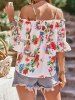 Flower Print Cold Shoulder Lace Panel Flare Sleeve Blouse -  