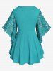 Plus Size Buckle Ruched Lace Butterfly Sleeve T-Shirt -  