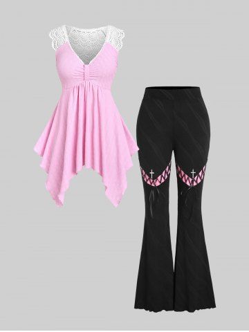 Lace Panel Knot Handkerchief Textured Tank Top and Lace-up Flare Pants Plus Size Outfit - LIGHT PINK