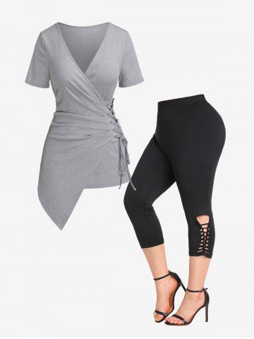 Lace Up Asymmetric Ribbed Surplice Top and Capri Braided Leggings Plus Size Summer Outfit