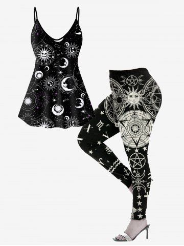 3D Moon Sun Glitter Print Tank Top And Plus Size Leggings Gothic Outfit