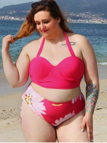 Plus Size Lace-up Flower Bustier Underwire High Rise Tankini Swimwear