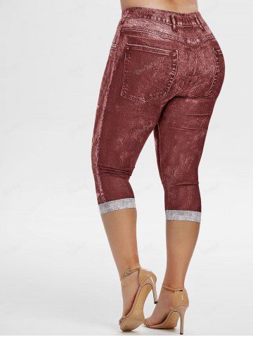 Plus Size 3D Ripped Sunflower Pockets Print Capri Jeggings