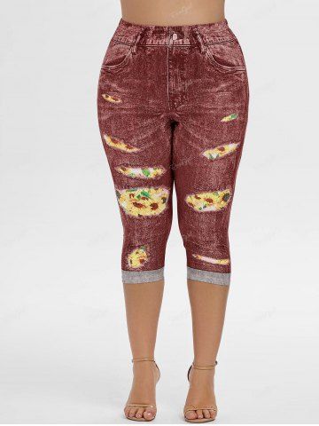 Plus Size 3D Ripped Sunflower Pockets Print Capri Jeggings
