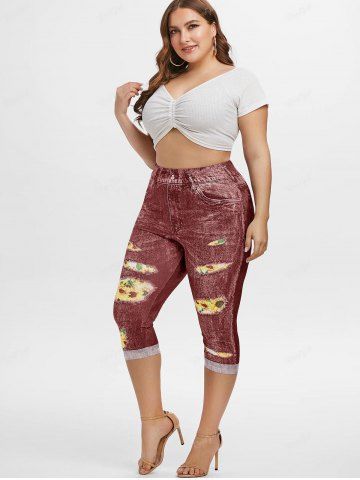 Plus Size 3D Ripped Sunflower Pockets Print Capri Jeggings