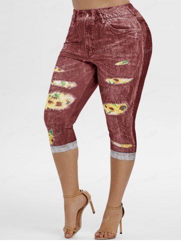 Legging Capri 3D Tournesol Déchiré Imprimé de Grande Taille avec Poches