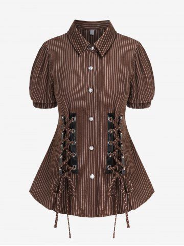 Gothic Striped Grommets Lace-up Shirt - COFFEE - 4X | US 26-28