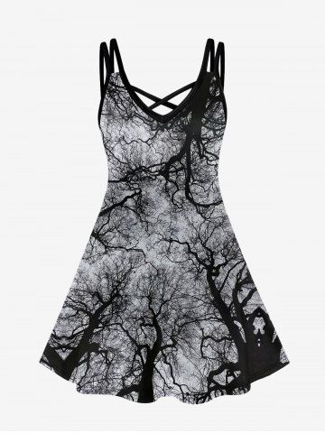 Gothic Trees Print Crisscross Spaghetti Strap Dress - BLACK - 3X | US 22-24