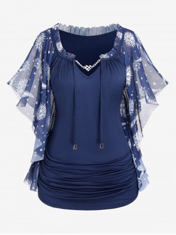 Plus Size Sun Moon Star Printed Ruched Drawstring Chain Panel Butterfly Sleeves T-Shirt - DEEP BLUE - 2X | US 18-20