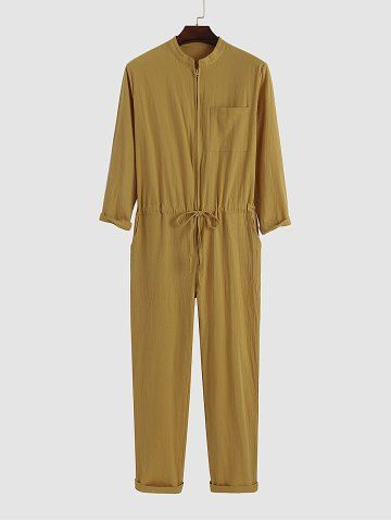 Solid Color Zip Fly Cargo Jumpsuit - YELLOW - S