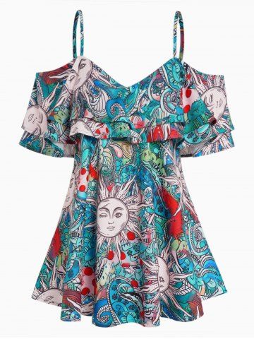 Celestial Sun Floral Paisley Allover Print Cold Shoulder Layered Flounce Blouse - GREEN - S