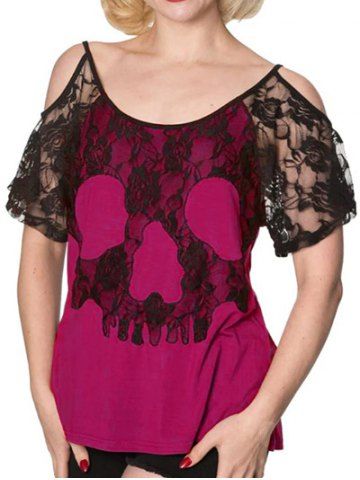Plus Size Colorblock Rose Skull Print Cold Shoulder Lace Panel T-shirt - MULTI - 3X