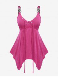 Plus Size Lace Up Chain Grommets T-Shirt -  