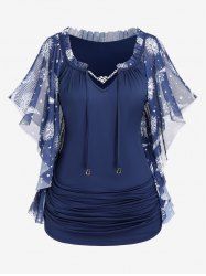 Plus Size Sun Moon Star Printed Ruched Drawstring Chain Panel Butterfly Sleeves T-Shirt -  