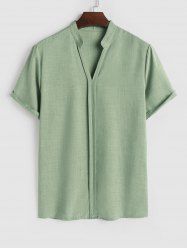 V Neck Stand Collar Short Sleeves Plain Tunic Popover Shirt -  