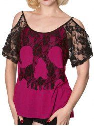 Plus Size Colorblock Rose Skull Print Cold Shoulder Lace Panel T-shirt -  