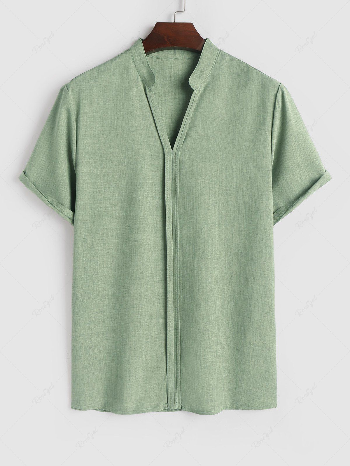Sale V Neck Stand Collar Short Sleeves Plain Tunic Popover Shirt  