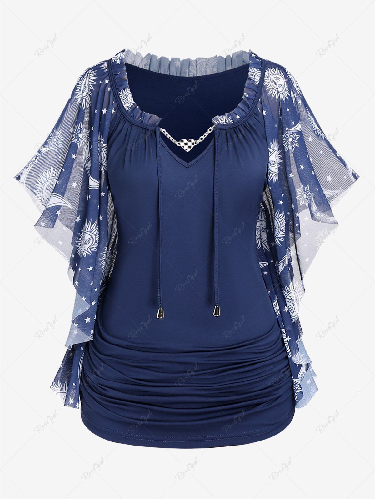 Best Plus Size Sun Moon Star Printed Ruched Drawstring Chain Panel Butterfly Sleeves T-Shirt  