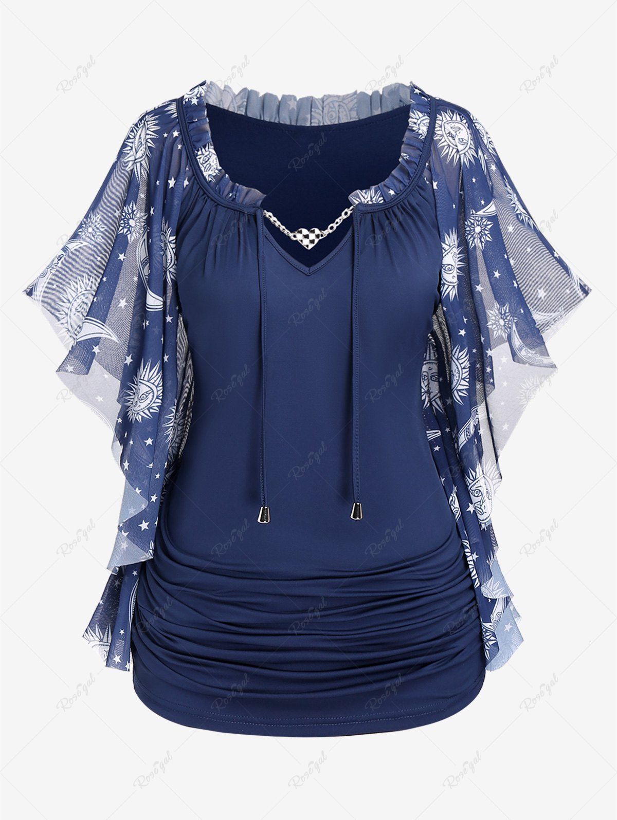Cheap Plus Size Sun Moon Star Printed Ruched Drawstring Chain Panel Butterfly Sleeves T-Shirt  