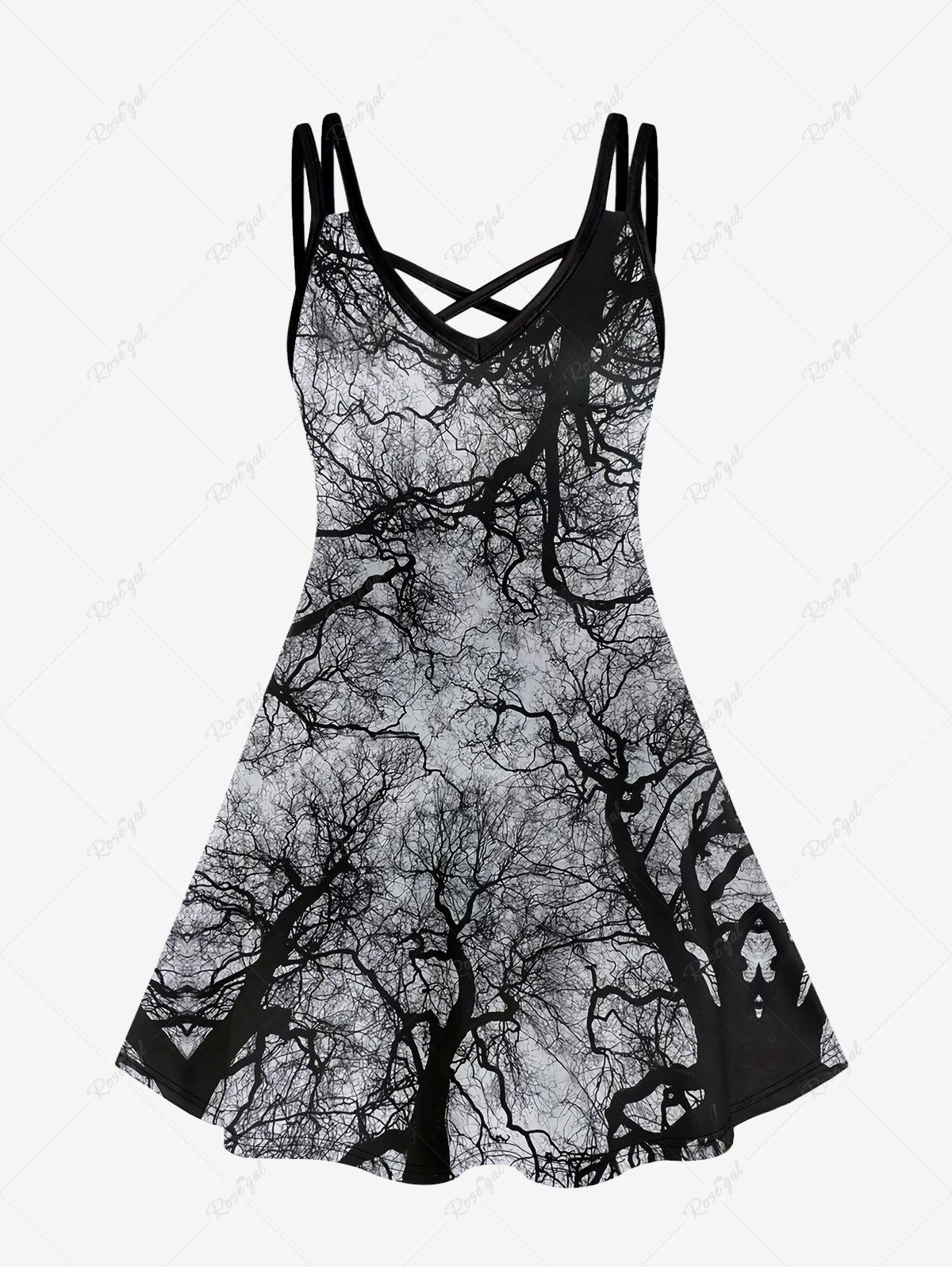 Best Gothic Trees Print Crisscross Spaghetti Strap Dress  