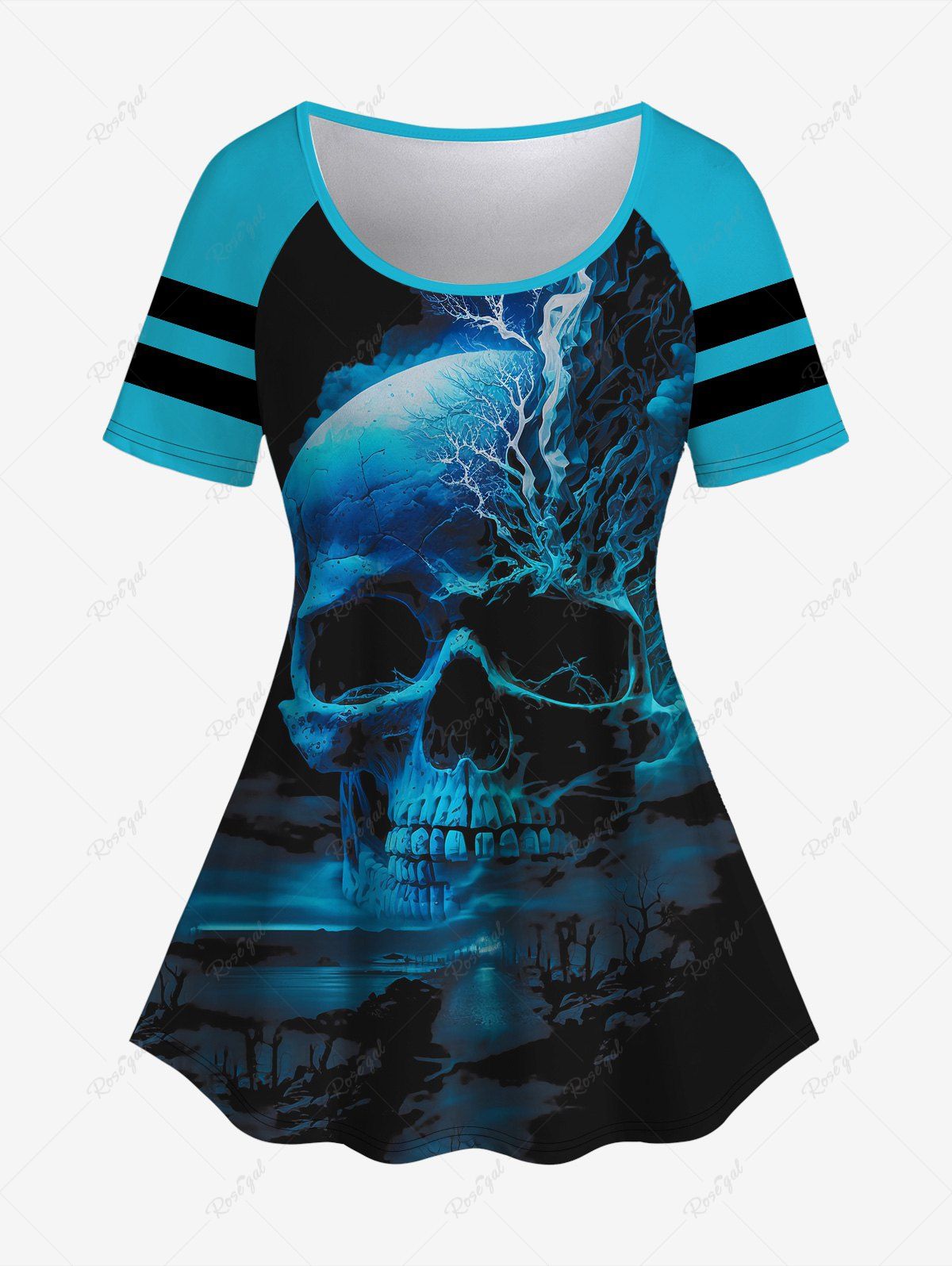 T-shirt à Manches Courtes Imprimé Crâne Gothique Bleu 2X | US 18-20