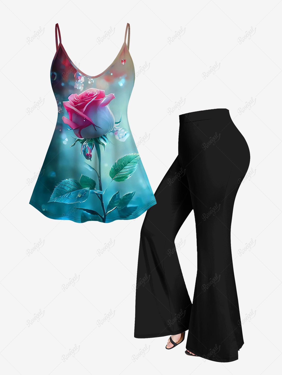 Unique 3D Rose Galaxy Printed Cami Top and Pull On Flare Pants Plus Size Outfit  