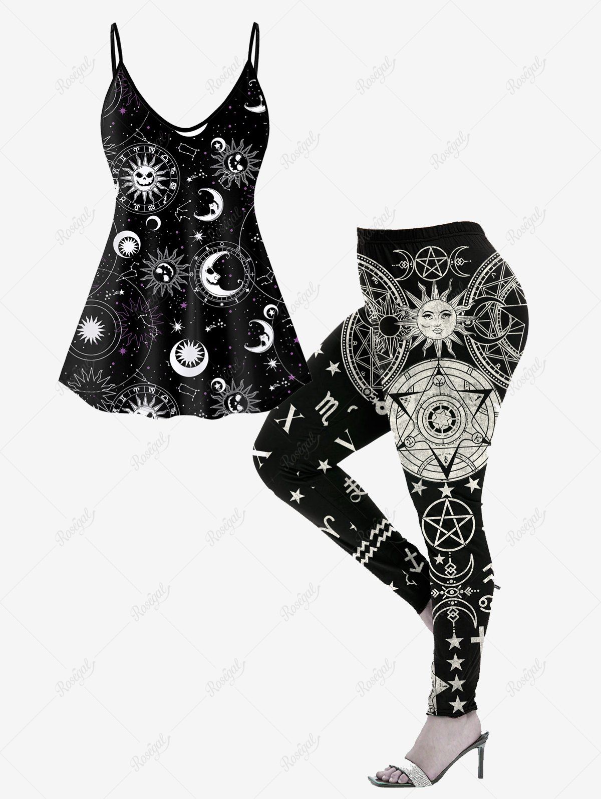 Cheap 3D Moon Sun Glitter Print Tank Top And Plus Size Leggings Gothic Outfit  