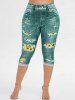 Plus Size 3D Ripped Sunflower Pockets Print Capri Jeggings -  