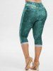 Plus Size 3D Ripped Sunflower Pockets Print Capri Jeggings -  