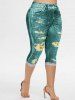 Plus Size 3D Ripped Sunflower Pockets Print Capri Jeggings -  