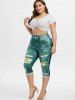 Plus Size 3D Ripped Sunflower Pockets Print Capri Jeggings -  