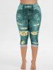 Plus Size 3D Ripped Sunflower Pockets Print Capri Jeggings -  