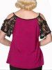 Plus Size Colorblock Rose Skull Print Cold Shoulder Lace Panel T-shirt -  