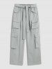 Pantalon Cargo Ceinturé en Couleur Unie à Jambe Droite - Gris Clair S