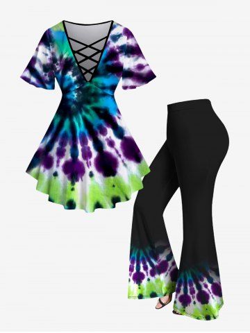 Plus Size Tie Dye Printed Crisscross V Neck Short Sleeve T-Shirt and Flare Pants Outfit - MULTI